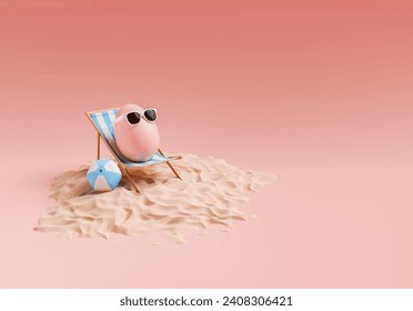 3d rendering of a stylized Easter egg with sunglasses, resting on a beach chair next to a beach ball in a pile of beach sand on a coral pink background. Easter holidays concept. - Powered by Shutterstock