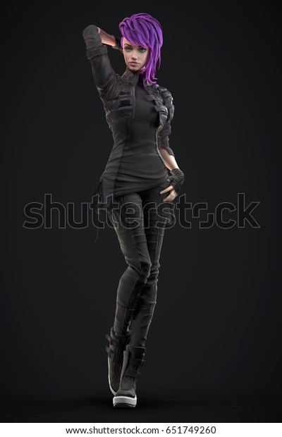 3d Rendering Stylized Girl Purple Hair Stock Illustration 651749260