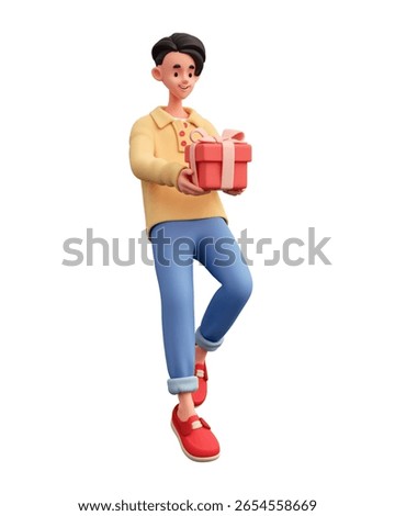3d rendering of stylized handsome charming excited asian brunette guy in casual fashion yellow blue clothes floats in air holds red gift box wrapped with pink bow, ribbon in hands on white background.