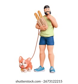 3d rendering of stylized thoughtful bearded muscular man in green tank top, shorts holding paper bag with baguettes, standing touches chin with hand thinking, holds corgi dog on leash white background