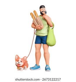 3d rendering of stylized thoughtful bearded muscular man holding green shopping bag, paper bag with baguettes, standing touches chin with hand thinking and holds corgi dog on leash on white background