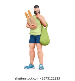 3d rendering of stylized thoughtful bearded brunette man in green tank top with muscular build holding shopping bag, paper bag with baguettes standing touches chin with hand thinking white background