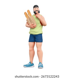 3d rendering of stylized thoughtful bearded brunette man in green tank top with muscular build holding paper bag with baguettes, standing shopping, touches chin with hand thinking on white background.