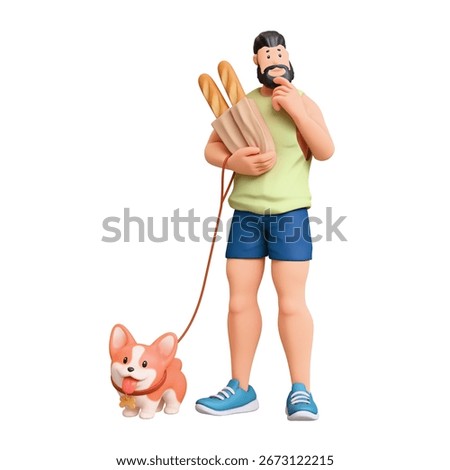 3d rendering of stylized thoughtful bearded muscular man in green tank top, shorts holding paper bag with baguettes, standing touches chin with hand thinking, holds corgi dog on leash white background