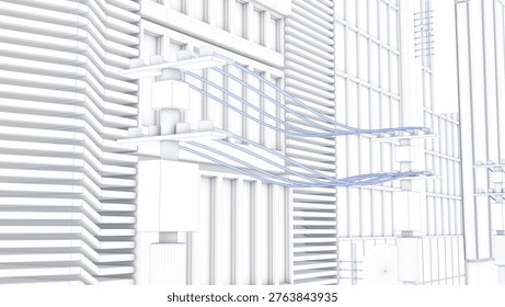 3D rendering of a stylized uniquely designed building with white color and blue lines represented in a blueprint format