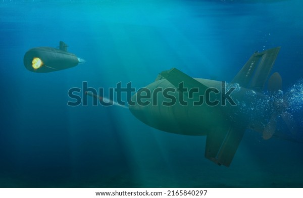 3D rendering submarine firing torpedoes to\
enemy submarine
