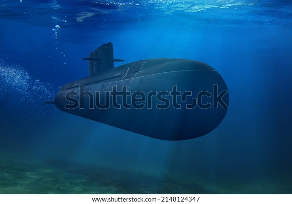 3D rendering submarine submerge underwater during a\
mission in open sea