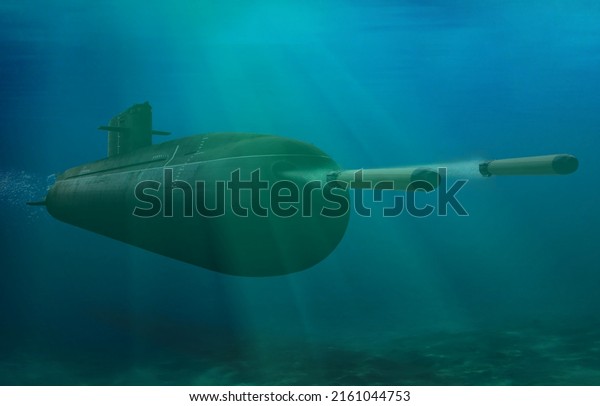 3D rendering submarine submerge underwater
firing torpedoes in the open
sea