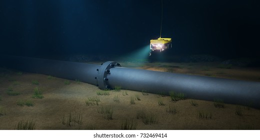 3D Rendering Of A Subsea Pipeline Flange Being Inspected By An ROV