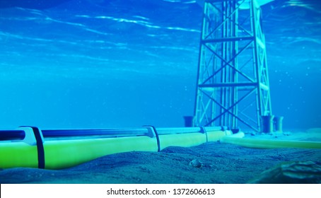 3D Rendering of a Subsea Pipeline and an Offshore Jacket Platform