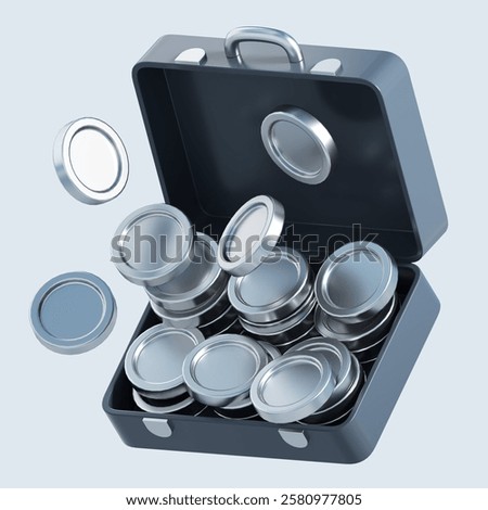 3d rendering of suitcase with stack of flying coins. stylized simple 3d illustration for business and finance