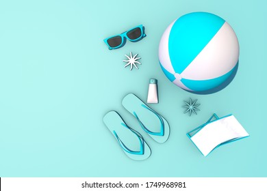 3d Rendering Summer Concept. Turquoise And White Beachball, Sun Glasses With Beach Accessories On Turquoise Background. Sunlight, Travel. Border Closure, Travel Restrictions. Copy Space