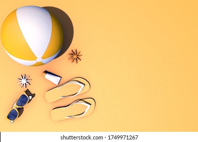 3d Rendering Summer Concept. Yellow And White Beachball, Sun Glasses With Beach Accessories On Yellow Background. Sunlight, Travel. Border Closure, Travel Restrictions. Copy Space