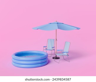 3D rendering of a summer scene with a blue inflatable pool, a light blue sun umbrella, and two striped lounge chairs on a vivid pink background. Relaxation concept. - Powered by Shutterstock