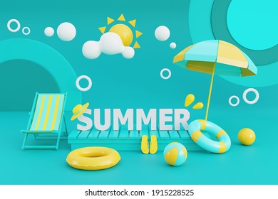 3d Rendering Of Summer Vacation Concept With Beach Chair,umbrella And Summer Elements.3d Rendering.