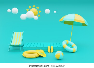 การแสดงผล 3 มิติของแนวคิดวันหยุดฤดูร้อนที่มีเก้าอี้ชายหาด, ร่มและองค์ประกอบฤดูร้อนการแสดงผล.3d.