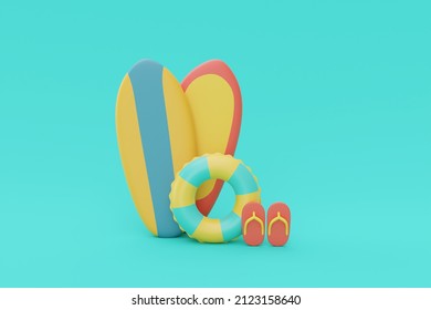 3d rendering of summer vacation concept with Surfboard and summer elements,minimal style.3d render.