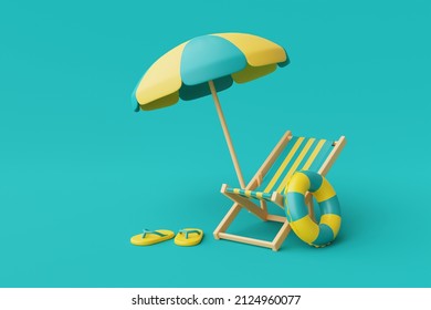 3d rendering of summer vacation concept with beach chair,umbrella and summer elements isolated on blue background,minimal style.3d render.