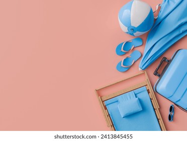 3D rendering of a summer vacation set with a blue beach umbrella, suitcase, deck chair, flip-flops, beach ball, and sunglasses on a pink surface. summer vacation concept.
