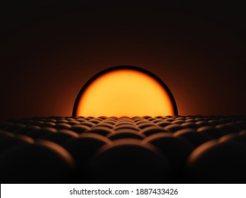 3D rendering of sun eclipse shining over a group of spheres in background. Abstract backdrop