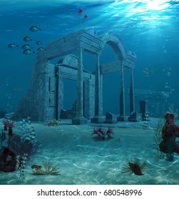 3d Rendering Of The Sunken Ruins Of An Ancient Atlantis Type Civilization.