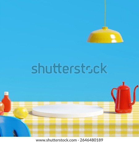 3D Rendering. Sunny Kitchen Scene with Gingham Tablecloth and Playful Breakfast Elements for Product Display.