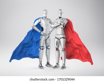 3d rendering superhero cyborgs with red and blue cloaks