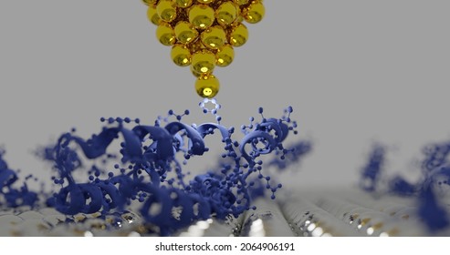 3D Rendering Of A Surface Showing The Tip Of A Atomic Force Microscopy (AFM) And Protein Structures  