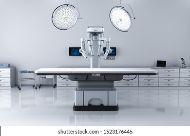 3d rendering surgery room with robotic surgery and empty bed