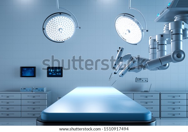 3d rendering surgery room with robotic surgery and\
empty bed