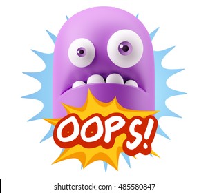 3d Rendering Surprise Character Face Emoticon Saying Oops With Colorful Speech Bubble.