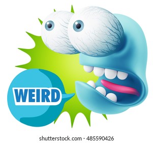 3d Rendering Surprise Character Face Emoticon saying Weird with Colorful Speech Bubble.