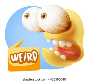 3d Rendering Surprise Character Face Emoticon saying Weird with Colorful Speech Bubble.