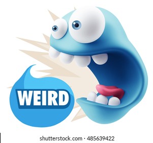 3d Rendering Surprise Character Face Emoticon saying Weird with Colorful Speech Bubble.