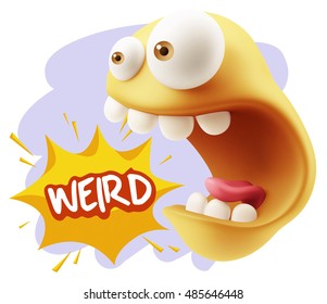 3d Rendering Surprise Character Face Emoticon saying Weird with Colorful Speech Bubble.