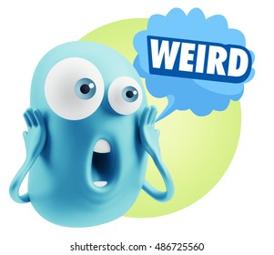 3d Rendering Surprise Character Face Emoticon saying Weird with Colorful Speech Bubble.