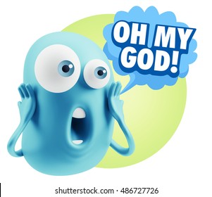 3d Rendering Surprise Character Face Emoticon Saying Oh My God With Colorful Speech Bubble.