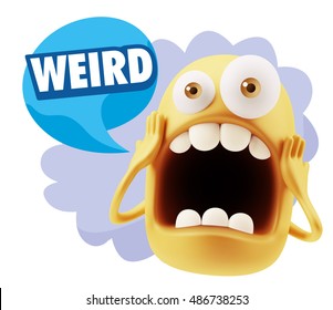3d Rendering Surprise Character Face Emoticon saying Weird with Colorful Speech Bubble.