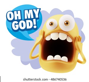 3d Rendering Surprise Character Face Emoticon Saying Oh My God With Colorful Speech Bubble.