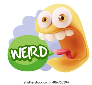3d Rendering Surprise Character Face Emoticon saying Weird with Colorful Speech Bubble.