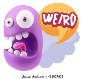 3d Rendering Surprise Character Face Emoticon saying Weird with Colorful Speech Bubble.