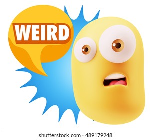 3d Rendering Surprise Character Face Emoticon saying Weird with Colorful Speech Bubble.