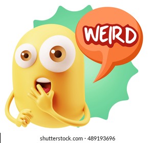 3d Rendering Surprise Character Face Emoticon saying Weird with Colorful Speech Bubble.