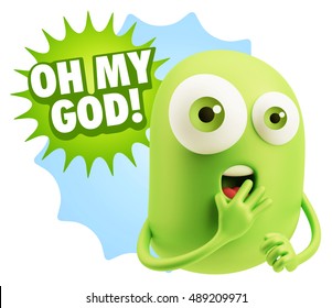 3d Rendering Surprise Character Face Emoticon Saying Oh My God With Colorful Speech Bubble.