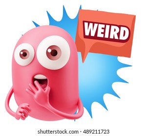 3d Rendering Surprise Character Face Emoticon saying Weird with Colorful Speech Bubble.