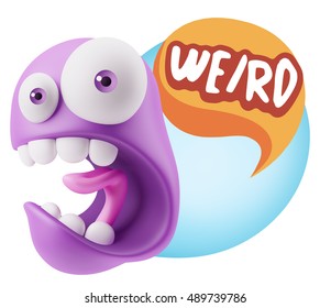 3d Rendering Surprise Character Face Emoticon saying Weird with Colorful Speech Bubble.