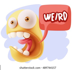 3d Rendering Surprise Character Face Emoticon saying Weird with Colorful Speech Bubble.
