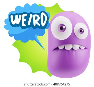 3d Rendering Surprise Character Face Emoticon saying Weird with Colorful Speech Bubble.