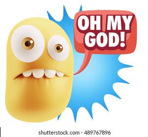 3d Rendering Surprise Character Face Emoticon Saying Oh My God With Colorful Speech Bubble.