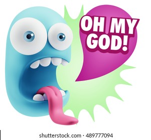 3d Rendering Surprise Character Face Emoticon Saying Oh My God With Colorful Speech Bubble.